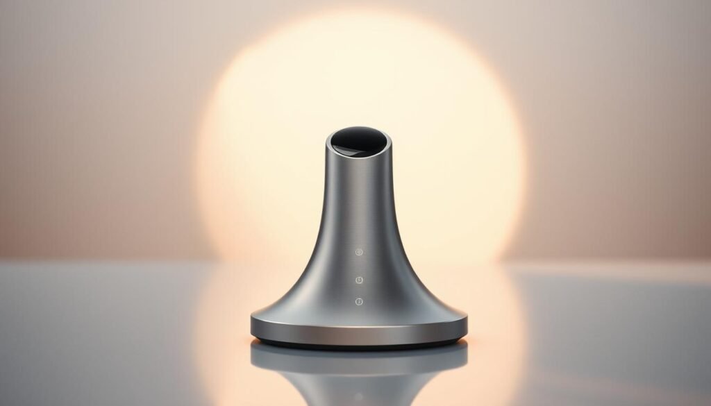 A high-quality, photo-realistic image of the Glowin Beaute "Oligio X 原美電波" product, shot with a professional-grade camera using a medium-length telephoto lens. The device is shown in the center of the frame, showcasing its sleek, minimalist design with a brushed metal finish. The lighting is soft and diffused, creating an even, flattering illumination that accentuates the product's curves and details. The background is pleasantly blurred, placing the focus squarely on the Oligio X device. The overall mood is one of elegance, sophistication, and technical precision, reflecting the high-quality, FDA-certified nature of the product.