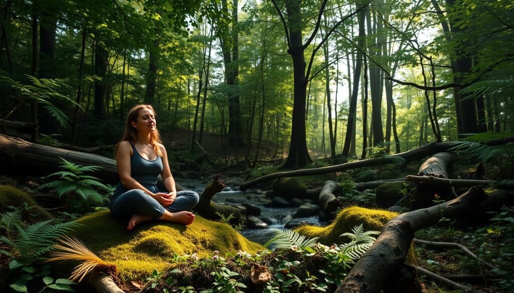 A peaceful forest glen with a serene woman engaged in a mindful, therapeutic forest bathing experience. Soft, dappled sunlight filters through the lush, verdant canopy overhead. In the foreground, the woman sits cross-legged on a moss-covered log, her eyes closed in deep contemplation, her expression one of tranquility and focus. Around her, ferns, wildflowers, and fallen logs create a natural, picturesque setting. In the middle ground, a babbling brook winds its way through the undergrowth, its gentle sounds adding to the calming ambiance. In the background, the dense forest extends, its trees and foliage hinting at the restorative powers of nature. An overall sense of serenity, balance, and therapeutic connection with the natural world permeates the scene.