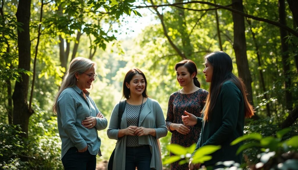 A transdisciplinary team collaborating in a sunlit forest clearing, surrounded by lush greenery and a warm, earthy ambiance. In the foreground, professionals from diverse backgrounds - a psychologist, a therapist, a social worker - engaged in a thoughtful discussion, their body language conveying trust and open communication. The middle ground features a client receiving personalized attention, their expression reflecting a sense of comfort and progress. The background showcases the natural world, with dappled light filtering through the canopy, creating a serene and rejuvenating atmosphere that enhances the therapeutic process.