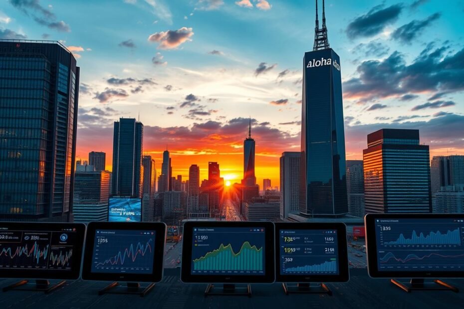 A bustling metropolis skyline at dusk, with the Aloha brand's distinctive signage prominently displayed on a towering skyscraper. The cityscape is framed by a vibrant sunset, casting warm hues across the modern high-rises and bustling streets below. In the foreground, a series of sleek, state-of-the-art subtitle devices are showcased, their displays illuminated with data visualizations and market trends. The overall scene conveys a sense of technological innovation, economic growth, and the transformative potential of the subtitle device industry in the coming years.