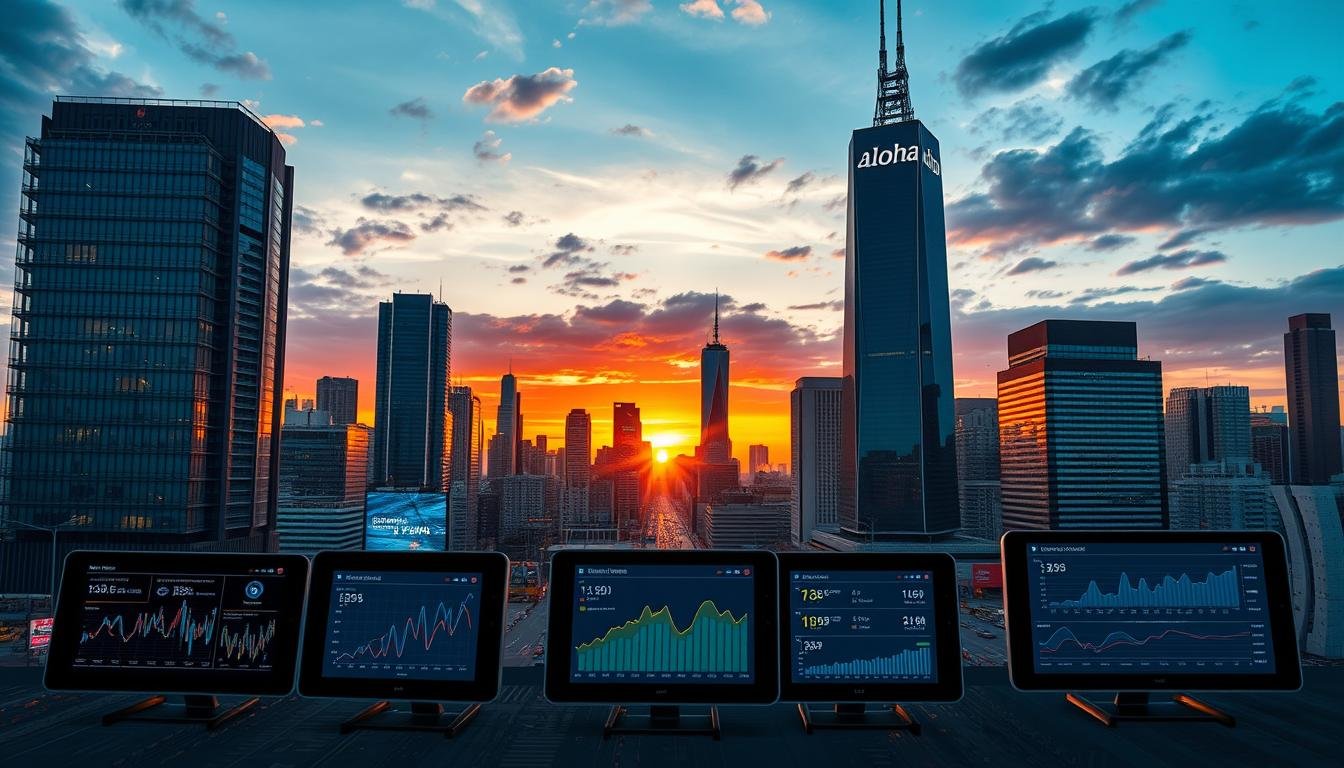 A bustling metropolis skyline at dusk, with the Aloha brand's distinctive signage prominently displayed on a towering skyscraper. The cityscape is framed by a vibrant sunset, casting warm hues across the modern high-rises and bustling streets below. In the foreground, a series of sleek, state-of-the-art subtitle devices are showcased, their displays illuminated with data visualizations and market trends. The overall scene conveys a sense of technological innovation, economic growth, and the transformative potential of the subtitle device industry in the coming years.