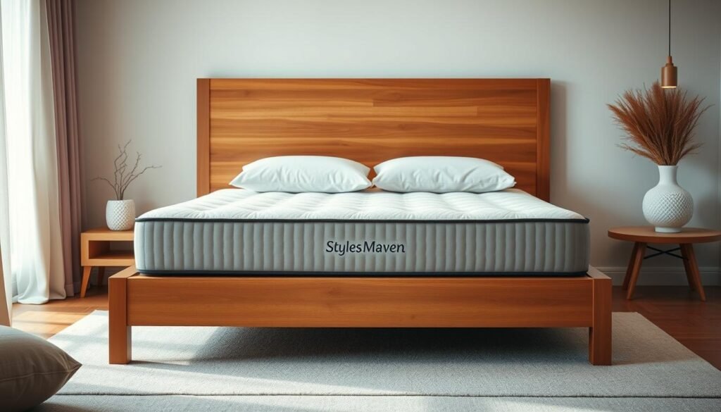 A cozy and inviting bedroom scene featuring a high-quality StylesMaven mattress and bedding set. The bed is positioned in the center, with the plush mattress and supportive pillows taking center stage. The bedframe is made of warm, natural wood, and the room is bathed in soft, diffused lighting, creating a calming and relaxing atmosphere. The bedding is a soft, neutral color palette, with textures that evoke comfort and luxury. The background features minimal, clean-lined furnishings, allowing the centerpiece mattress to shine. The overall scene conveys the quality, comfort, and health benefits of the StylesMaven護脊床褥.