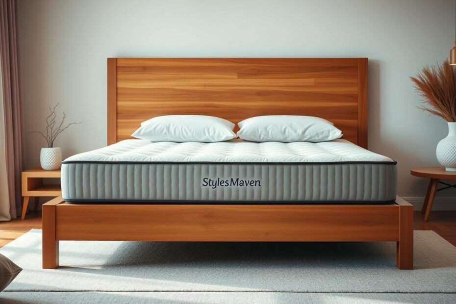 A cozy and inviting bedroom scene featuring a high-quality StylesMaven mattress and bedding set. The bed is positioned in the center, with the plush mattress and supportive pillows taking center stage. The bedframe is made of warm, natural wood, and the room is bathed in soft, diffused lighting, creating a calming and relaxing atmosphere. The bedding is a soft, neutral color palette, with textures that evoke comfort and luxury. The background features minimal, clean-lined furnishings, allowing the centerpiece mattress to shine. The overall scene conveys the quality, comfort, and health benefits of the StylesMaven護脊床褥.