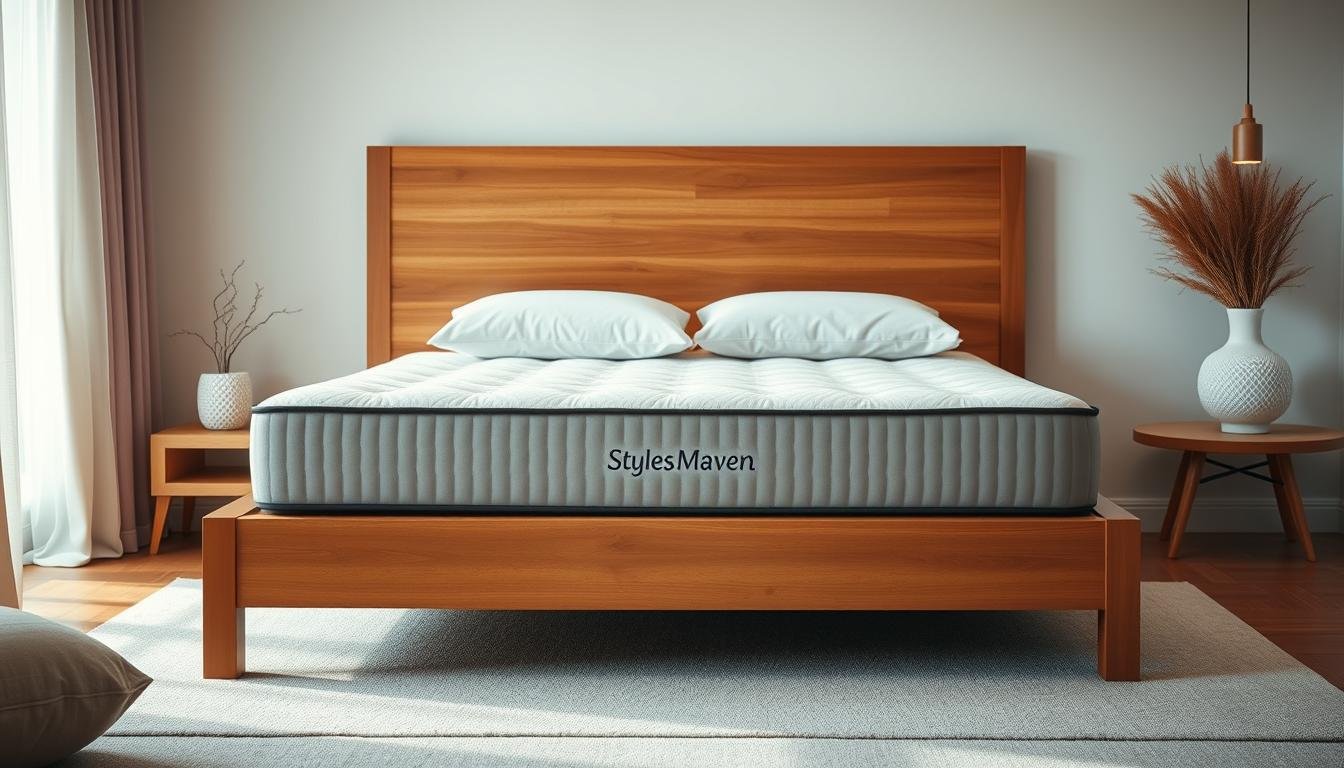 A cozy and inviting bedroom scene featuring a high-quality StylesMaven mattress and bedding set. The bed is positioned in the center, with the plush mattress and supportive pillows taking center stage. The bedframe is made of warm, natural wood, and the room is bathed in soft, diffused lighting, creating a calming and relaxing atmosphere. The bedding is a soft, neutral color palette, with textures that evoke comfort and luxury. The background features minimal, clean-lined furnishings, allowing the centerpiece mattress to shine. The overall scene conveys the quality, comfort, and health benefits of the StylesMaven護脊床褥.