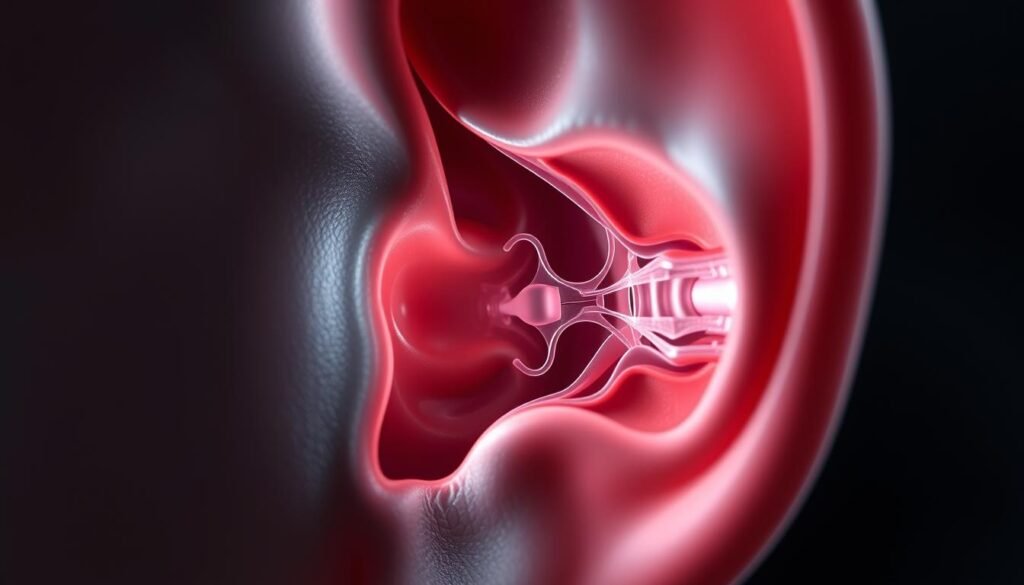 A detailed diagnostic examination of inner ear fluid imbalance. A highly detailed cross-section view of the human inner ear, showcasing the delicate structures responsible for balance and equilibrium. Soft, muted lighting illuminates the intricate network of canals, chambers, and membranes. Rendered in a photorealistic style with a focus on technical accuracy, highlighting the nuanced complexities of the labyrinthine system. Subtle hues of pink, blue, and gray convey the clinical yet captivating nature of this specialized medical procedure. The image should effectively communicate the state-of-the-art diagnostic techniques used to assess and address inner ear fluid imbalances.