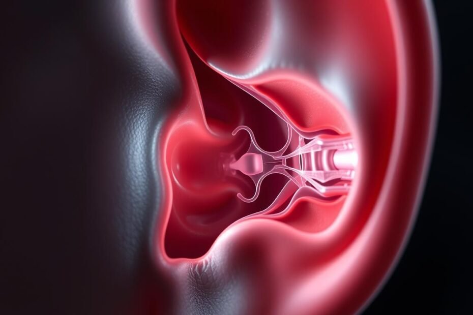 A detailed diagnostic examination of inner ear fluid imbalance. A highly detailed cross-section view of the human inner ear, showcasing the delicate structures responsible for balance and equilibrium. Soft, muted lighting illuminates the intricate network of canals, chambers, and membranes. Rendered in a photorealistic style with a focus on technical accuracy, highlighting the nuanced complexities of the labyrinthine system. Subtle hues of pink, blue, and gray convey the clinical yet captivating nature of this specialized medical procedure. The image should effectively communicate the state-of-the-art diagnostic techniques used to assess and address inner ear fluid imbalances.