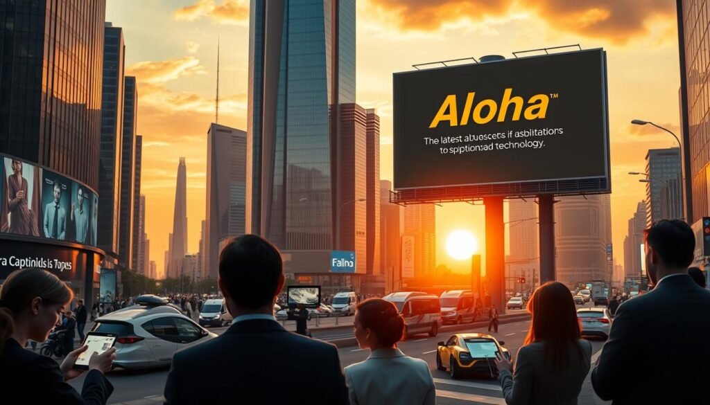 A futuristic cityscape with a prominent &quot;Aloha&quot; brand billboard, showcasing the latest advancements in subtitle technology. In the foreground, a group of professionals using sleek, high-tech captioning devices, their faces illuminated by the glow of the screens. The middle ground features a bustling urban landscape, with skyscrapers reaching towards the sky and autonomous vehicles navigating the streets. In the background, a vibrant sunset casts a warm, golden light, reflecting off the glass and steel of the modern architecture. The scene conveys the idea of a thriving, technology-driven future where captioning solutions have become an essential part of daily life.