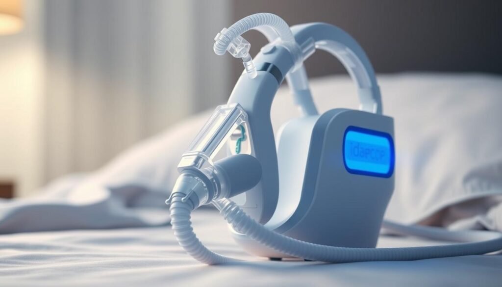 A highly detailed and intricate illustration of a modern sleep apnea breathing machine, the iCareCPAP. Set against a softly blurred background, the device is showcased in a well-lit, high-angle view, highlighting its sleek, ergonomic design with clean lines and a soothing blue LED display. The machine's tubing and facial mask are prominently featured, emphasizing its function in providing continuous positive airway pressure to users during sleep. The overall mood is one of technological sophistication and medical efficacy, conveying the latest advancements in sleep apnea treatment.