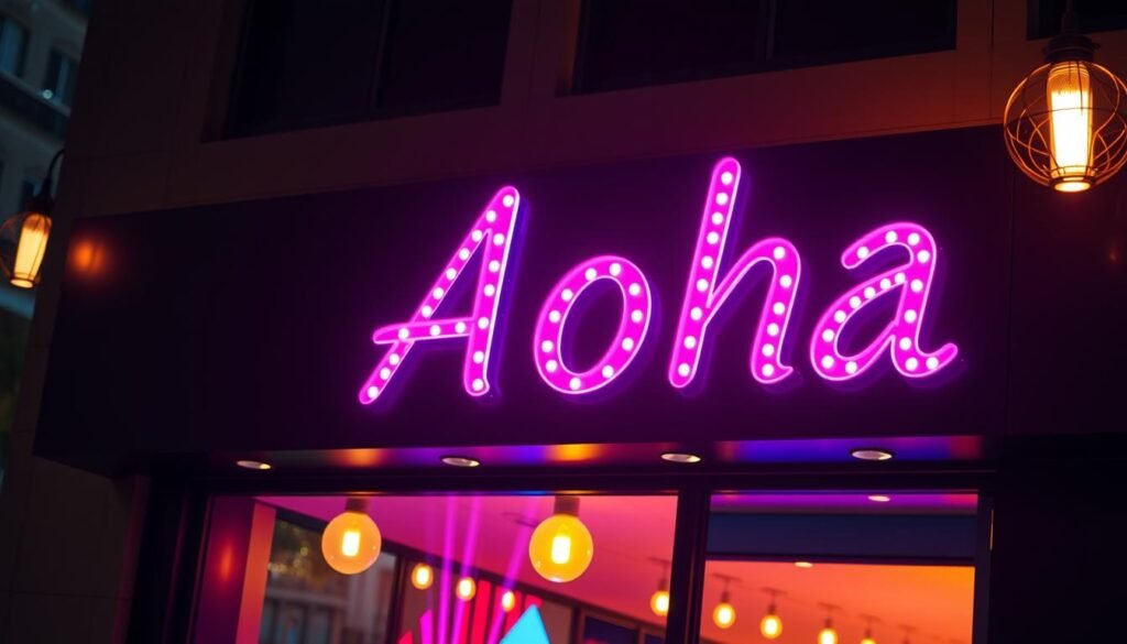 A neon-lit LED light bulb advertisement sign, featuring the brand name "Aloha" in vibrant, dynamic lettering. The sign is mounted on a sleek, contemporary storefront against a darkened urban backdrop, with warm, diffused lighting illuminating the scene. The LED bulbs emit a gentle, glow, casting a soft, ambient light that draws the viewer's attention. The sign's design is bold and eye-catching, seamlessly blending modern technology with classic advertising aesthetics. The overall atmosphere is one of urban sophistication and commercial allure, setting the stage for the application of LED bulbs in the world of advertising signage.