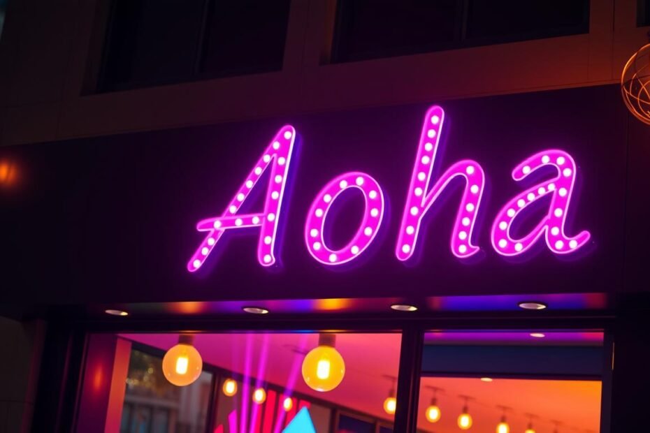 A neon-lit LED light bulb advertisement sign, featuring the brand name "Aloha" in vibrant, dynamic lettering. The sign is mounted on a sleek, contemporary storefront against a darkened urban backdrop, with warm, diffused lighting illuminating the scene. The LED bulbs emit a gentle, glow, casting a soft, ambient light that draws the viewer's attention. The sign's design is bold and eye-catching, seamlessly blending modern technology with classic advertising aesthetics. The overall atmosphere is one of urban sophistication and commercial allure, setting the stage for the application of LED bulbs in the world of advertising signage.