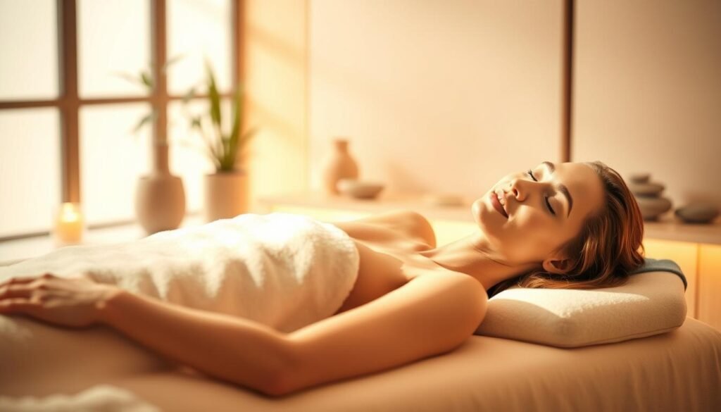 A serene, spa-like scene featuring Oligio X 原美電波 technology. In the foreground, a woman reclines on a plush, cream-colored massage table, her eyes closed in peaceful relaxation. Warm, indirect lighting creates a soft, glowing ambiance, accentuating her radiant, youthful skin. In the midground, minimalist Glowin' Beaute decor elements, such as potted plants and smooth stone accents, complement the tranquil atmosphere. The background depicts a neutral, zen-inspired space, with clean lines and muted tones, conveying a sense of rejuvenation and well-being. An overall aesthetic of natural, effortless beauty and gentle, non-invasive skin treatment.