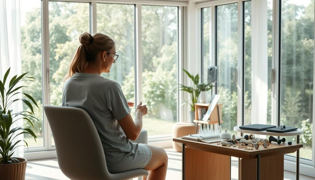 A serene, sunlit clinic room with floor-to-ceiling windows, filled with soft natural light. In the foreground, a patient sits in a comfortable chair, undergoing a personalized rehabilitation exercise under the guidance of a caring therapist. Gentle sounds of soothing music and the occasional chirping of birds create a calming atmosphere. The middle ground features a display of various therapeutic tools and aids, meticulously arranged to support the patient's journey to better hearing health and improved quality of life. The background depicts a lush, green garden visible through the windows, symbolizing the rejuvenation and harmony the patient will experience through this holistic approach to managing their tinnitus.