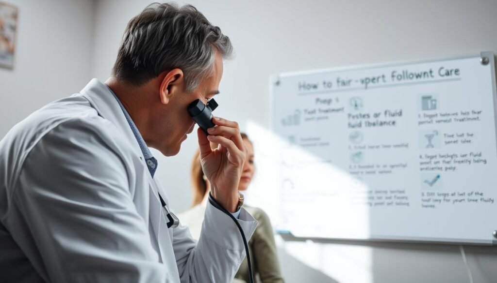 A serene, well-lit medical office setting. In the foreground, a physician examines a patient's ear with an otoscope, carefully inspecting the inner ear for signs of fluid imbalance. The patient sits comfortably, their expression one of trust and attentiveness. In the background, a whiteboard displays simple illustrations and instructions outlining the steps for post-treatment care, emphasizing the importance of follow-up and continued monitoring. The overall atmosphere conveys professionalism, empathy, and a focus on the patient's well-being.