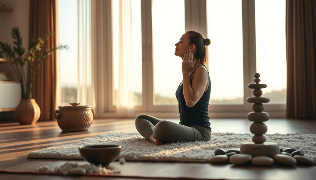 A tranquil scene of a person practicing self-care techniques to alleviate their tinnitus. In the foreground, a woman sits cross-legged on a plush rug, her eyes closed in concentration as she performs a series of gentle ear massage and acupressure exercises. Behind her, a minimalist home interior with soft, natural lighting filters in through large windows, creating a calming atmosphere. The mid-ground features various soothing objects, such as a bowl of herbal tea, a small fountain, and a scatter of smooth stones, all of which contribute to an overall sense of relaxation and healing. The background depicts a serene landscape, perhaps a distant forest or a coastal scene, hinting at the restorative power of nature. The lighting is warm and diffused, evoking a sense of tranquility and inner peace.
