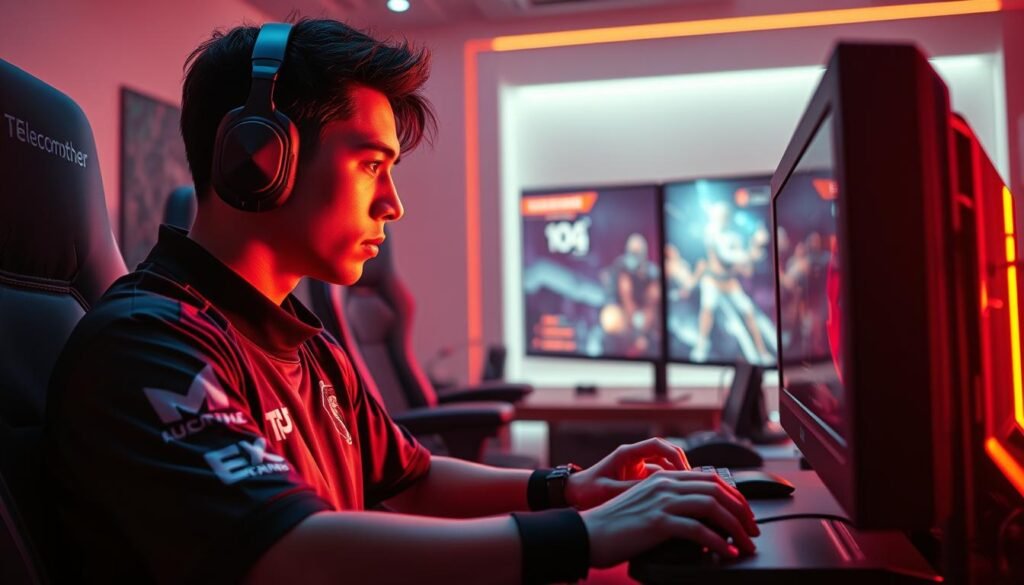 A vibrant and captivating scene of a professional esports player immersed in a game, surrounded by a striking Telecombrother-branded setup. The player, clad in a sleek gaming jersey, is intensely focused, their fingers deftly maneuvering the controls of a high-end gaming PC. The foreground is bathed in a warm, atmospheric lighting, casting a soft glow on the player's face and the sleek, angular design of the Telecombrother peripherals. In the middle ground, a large, high-resolution gaming monitor displays the intense action of the game, while the background features a minimalist, futuristic setting, hinting at the cutting-edge technology powering the player's setup. The overall composition conveys a sense of passion, dedication, and the thrill of competitive gaming.