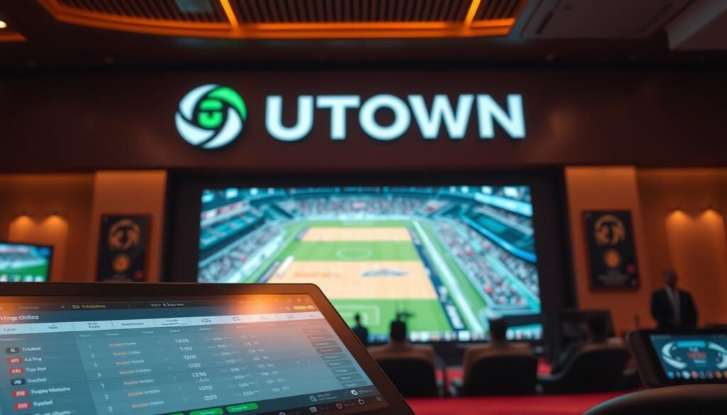 A vibrant sports betting interface with the UTown logo prominently displayed. In the foreground, a user-friendly platform showcases live betting odds and in-game statistics, enabling seamless real-time wagering. The middle ground features a large, high-definition video feed of a thrilling sports event, creating an immersive viewing experience. The background subtly integrates the UTown branding, establishing a cohesive and professional aesthetic. Warm lighting and a sleek, modern design evoke a sense of excitement and anticipation, perfectly capturing the essence of the "即時投注與直播功能" feature.