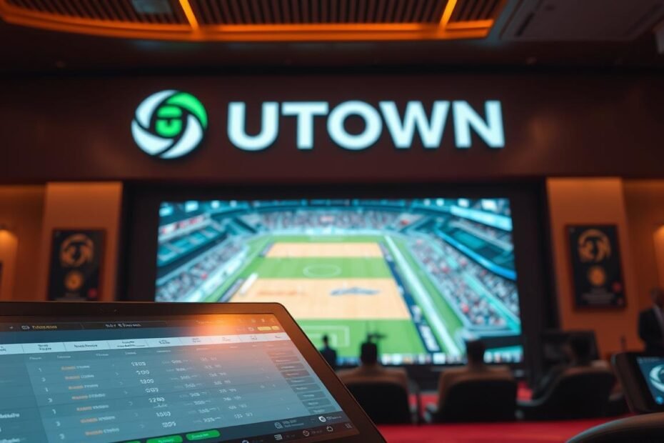 A vibrant sports betting interface with the UTown logo prominently displayed. In the foreground, a user-friendly platform showcases live betting odds and in-game statistics, enabling seamless real-time wagering. The middle ground features a large, high-definition video feed of a thrilling sports event, creating an immersive viewing experience. The background subtly integrates the UTown branding, establishing a cohesive and professional aesthetic. Warm lighting and a sleek, modern design evoke a sense of excitement and anticipation, perfectly capturing the essence of the "即時投注與直播功能" feature.