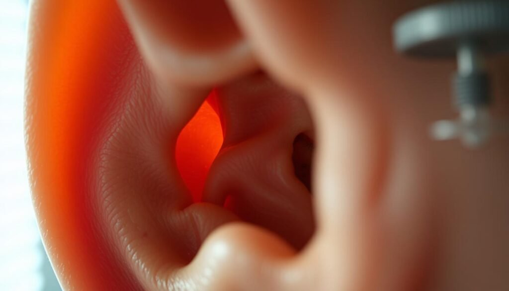 Detailed close-up view of a human ear, with a soft, warm lighting illuminating the intricate inner structures. The ear canal is prominently featured, revealing the subtle tones and textures of the skin, hair, and cartilage. In the background, a hazy, out-of-focus depiction of various medical tools and equipment, suggesting the context of a clinical setting dedicated to treating ear-related conditions. The overall atmosphere is one of contemplation and understanding, highlighting the complexities involved in diagnosing and resolving common ear-related issues.