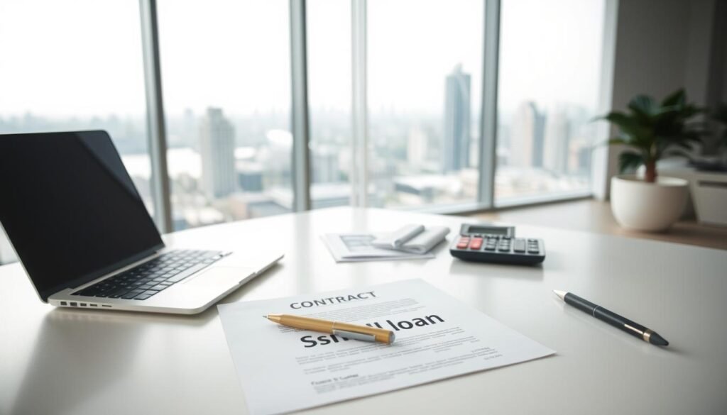 A clean, modern office interior with a minimalist desk featuring a laptop, pen, and a contract labeled "小額信貸" in the foreground. The middle ground showcases financial documents and a calculator, symbolizing the financial aspects of small loans. The background depicts a serene cityscape through large windows, creating a professional and calm atmosphere. The lighting is soft and diffused, highlighting the key elements. The overall composition conveys the concept of small-scale credit and its practical applications in a concise and visually appealing manner.
