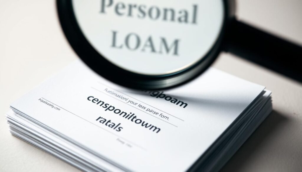 A close-up shot of a stack of small personal loan application forms, with a magnifying glass highlighting the details. The forms have a simple, minimalist design with clean lines and subtle textures. The background is a soft, neutral tone, allowing the forms to be the focal point. The lighting is soft and diffused, creating a calm and professional atmosphere. The angle of the shot is slightly elevated, giving a sense of authority and importance to the subject matter. The overall mood conveys the idea of a thoughtful financial decision-making process.
