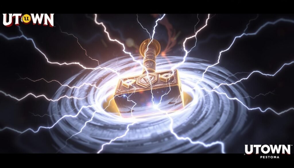 A dramatic, high-resolution digital illustration depicting the "Mjolnir Annihilation Mechanism" from the UTown video game. The scene shows a close-up view of the Norse god Thor's mighty hammer glowing with electrical energy, surrounded by a swirling vortex of crackling lightning. The hammer is the focal point, with a sense of power and destructive force radiating outwards. The background is dark and ominous, with a sense of foreboding and impending chaos. The lighting is dramatic, with stark contrasts between light and shadow to emphasize the hammer's lethal capabilities. The overall composition and atmosphere convey the immense power and devastating effects of this game mechanic.