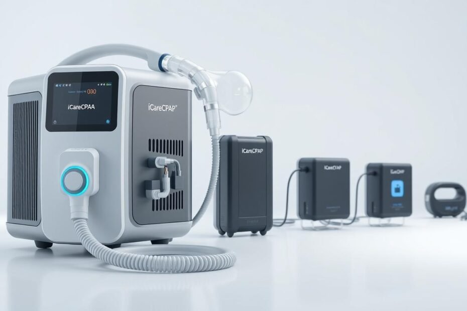 A high-tech medical device featuring the iCareCPAP brand, showcasing a sleek and modern design. The device is set against a clean, minimalist background, highlighting its essential functionality. The foreground features the core components - the main control panel, air tubing, and power supply, all rendered in a harmonious color palette of grays, whites, and blues. The middle ground showcases the device's versatility, with various power source options, including a backup battery pack, seamlessly integrated into the design. The background subtly suggests a clinical or hospital setting, reinforcing the device's medical purpose. The overall composition conveys a sense of reliability, efficiency, and technological sophistication, suitable for illustrating the "Respiratory device power supply solution: Backup power configuration for sleep apnea devices" section of the article.