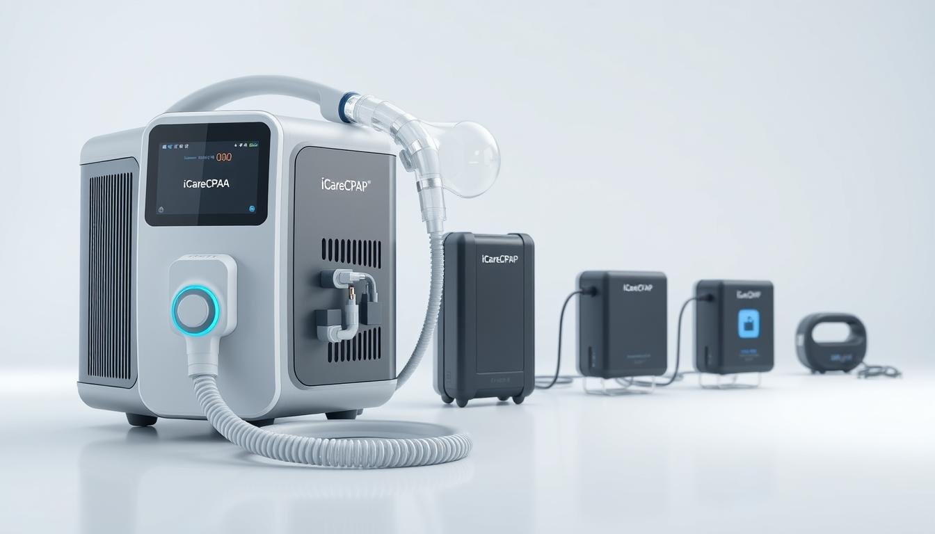 A high-tech medical device featuring the iCareCPAP brand, showcasing a sleek and modern design. The device is set against a clean, minimalist background, highlighting its essential functionality. The foreground features the core components - the main control panel, air tubing, and power supply, all rendered in a harmonious color palette of grays, whites, and blues. The middle ground showcases the device's versatility, with various power source options, including a backup battery pack, seamlessly integrated into the design. The background subtly suggests a clinical or hospital setting, reinforcing the device's medical purpose. The overall composition conveys a sense of reliability, efficiency, and technological sophistication, suitable for illustrating the "Respiratory device power supply solution: Backup power configuration for sleep apnea devices" section of the article.