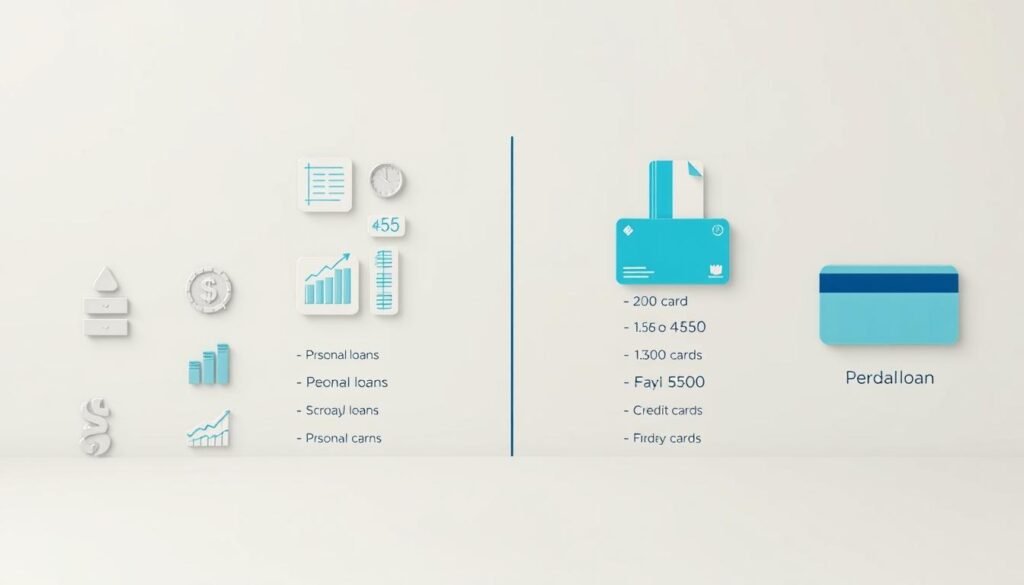 A highly detailed, realistic illustration of a side-by-side comparison of various loan options, including personal loans, credit cards, and payday loans. The image should have a clean, minimalist aesthetic with a focus on informative visual elements. The foreground should feature carefully curated icons, graphs, and numerical data to highlight the key features and differences between the loan types. The middle ground should include simple, legible text labels to clearly identify each loan option. The background should have a soft, neutral gradient to create a sense of depth and emphasize the comparative information in the center. The overall mood should be professional, educational, and easy to comprehend at a glance.