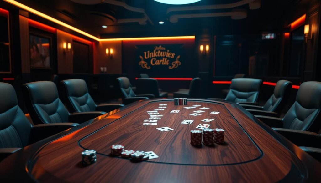 A meticulously designed online casino and gaming platform, UTown features a sophisticated and immersive digital environment for a captivating card and board game experience. The scene depicts a sleek, modern gaming table with a polished wood surface, surrounded by plush, ergonomic chairs in a dimly lit, atmospheric setting. Soft ambient lighting creates a warm, inviting ambiance, while strategic camera angles showcase the intricate details of the gaming setup, including the elegant casino chips, playing cards, and other accessories. The overall composition evokes a sense of luxury, sophistication, and the thrill of strategic gameplay within the UTown entertainment ecosystem.