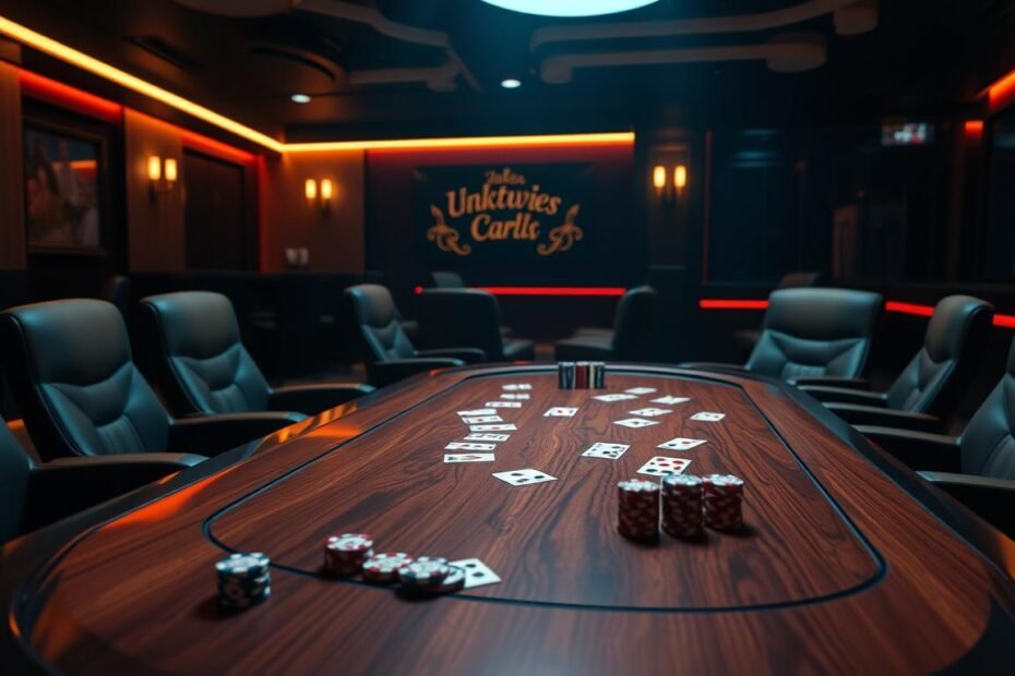A meticulously designed online casino and gaming platform, UTown features a sophisticated and immersive digital environment for a captivating card and board game experience. The scene depicts a sleek, modern gaming table with a polished wood surface, surrounded by plush, ergonomic chairs in a dimly lit, atmospheric setting. Soft ambient lighting creates a warm, inviting ambiance, while strategic camera angles showcase the intricate details of the gaming setup, including the elegant casino chips, playing cards, and other accessories. The overall composition evokes a sense of luxury, sophistication, and the thrill of strategic gameplay within the UTown entertainment ecosystem.