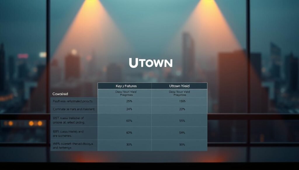 A meticulously designed table comparing the key features and potential returns of the "UTown Yield" program against traditional investment products. Sleek minimalist layout with clean typography and precise data visualization. Warm lighting casts a soft glow, creating an authoritative yet approachable atmosphere. The foreground showcases the comparison matrix in a professional, data-driven style. The middle ground features the UTown logo prominently, reinforcing the brand identity. The background is a subtly blurred cityscape, hinting at the digital, urban context of the "UTown Yield" offering.