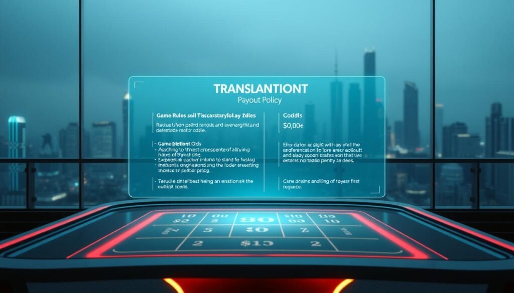A minimalist but visually striking scene showcasing the transparent game rules and payout policy of UTown Entertainment City. The scene depicts a sleek, futuristic gaming table with a holographic display projecting the detailed game rules and odds in a clean, easy-to-understand format. The table is bathed in a soft, ambient lighting that creates a sense of transparency and openness. In the background, a city skyline with towering skyscrapers suggests the scale and sophistication of UTown's operations. The overall mood is one of trust, fairness, and technological sophistication.