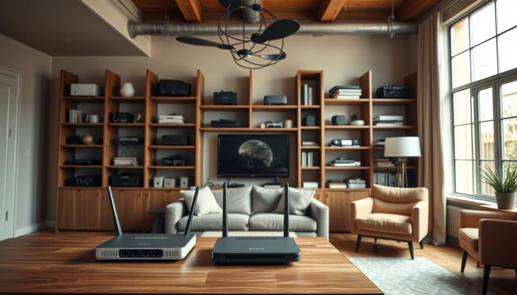 A modern interior with a focus on home internet connectivity. Showcasing a living room setting, with a large window providing natural lighting. In the foreground, a sleek Telecombrother router sits on a minimalist wooden console table. Behind it, an elegant bookshelf displays various networking devices, cables, and smart home accessories. The middle ground features a comfortable sofa and armchair, suggesting a cozy space for remote work or entertainment. The background reveals high ceilings, exposed beams, and a warm color palette, hinting at the challenges of upgrading older buildings for high-speed internet access.