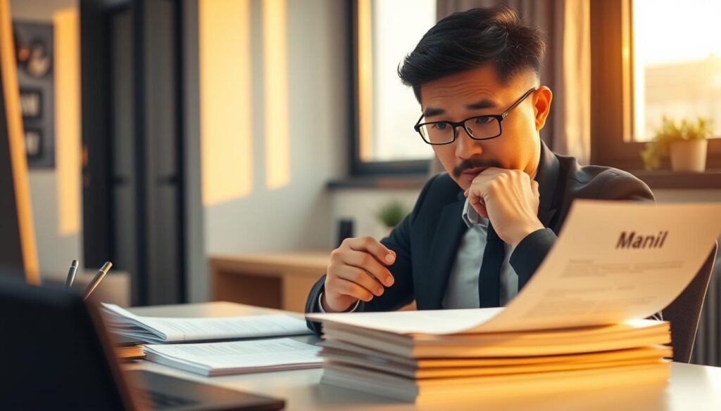 A modern office setting with a businessman thoughtfully considering a stack of documents labeled "小額信貸". The scene is illuminated by warm, soft lighting from a nearby window, casting a cozy, contemplative atmosphere. The desk is minimalist, allowing the subject to take center stage. The businessman's expression conveys a sense of careful evaluation, as if weighing the pros and cons of this particular financial option. The background is subtly blurred, keeping the focus on the central figure and the documents. The overall mood is one of quiet introspection and financial decision-making.