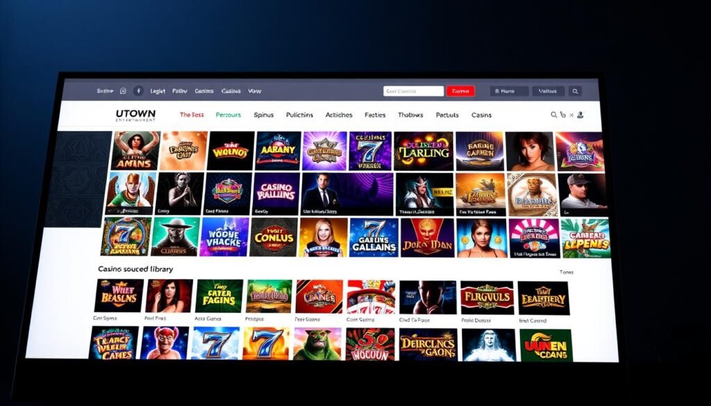 A modern, sleek casino website interface showcasing the UTown entertainment brand. The screen displays a visually striking grid of casino game thumbnails, each showcasing a different game from UTown's expansive and legally-sourced library. The UI is clean and intuitive, with a minimalist color palette of greys, whites, and accent colors that convey a sense of professionalism and trust. Subtle lighting and camera angles highlight the attention to detail, while the overall composition and layout suggest a well-organized, regulated, and trustworthy online gaming platform.