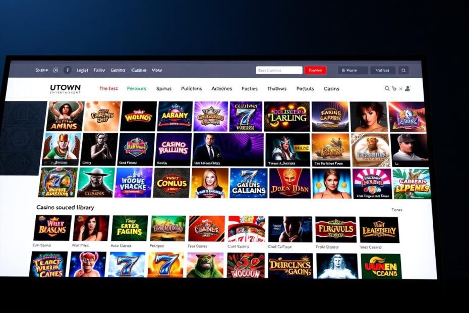 A modern, sleek casino website interface showcasing the UTown entertainment brand. The screen displays a visually striking grid of casino game thumbnails, each showcasing a different game from UTown's expansive and legally-sourced library. The UI is clean and intuitive, with a minimalist color palette of greys, whites, and accent colors that convey a sense of professionalism and trust. Subtle lighting and camera angles highlight the attention to detail, while the overall composition and layout suggest a well-organized, regulated, and trustworthy online gaming platform.