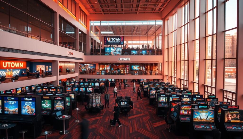 A modern, vibrant gaming hub with a diverse library of cutting-edge UTown games. Sleek, minimalist architecture featuring floor-to-ceiling windows, bathed in warm, natural light. Within, a bustling, immersive atmosphere as players explore a vast array of high-quality, meticulously curated titles from reputable, regulated providers. Technological prowess and attention to detail abound, reflecting UTown's commitment to excellence and player safety. A sanctuary for avid gamers, where innovative entertainment and responsible gaming coexist in perfect harmony.