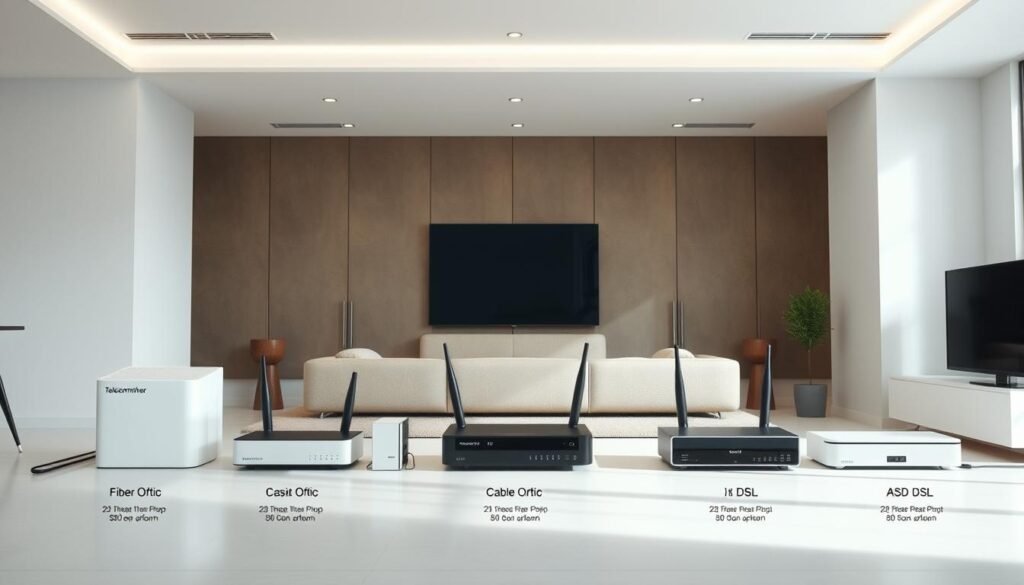 A modern, well-lit interior featuring a variety of home broadband options displayed side-by-side, including Telecombrother's fiber optic, cable, and DSL offerings. The scene has a clean, minimalist aesthetic with a focus on product details and comparative performance metrics. The lighting is soft and even, highlighting the sleek, high-tech design of the broadband equipment. The camera angle is slightly elevated, providing a comprehensive overview of the setup. The overall mood is informative and visually appealing, conveying the key differences between the home broadband solutions.