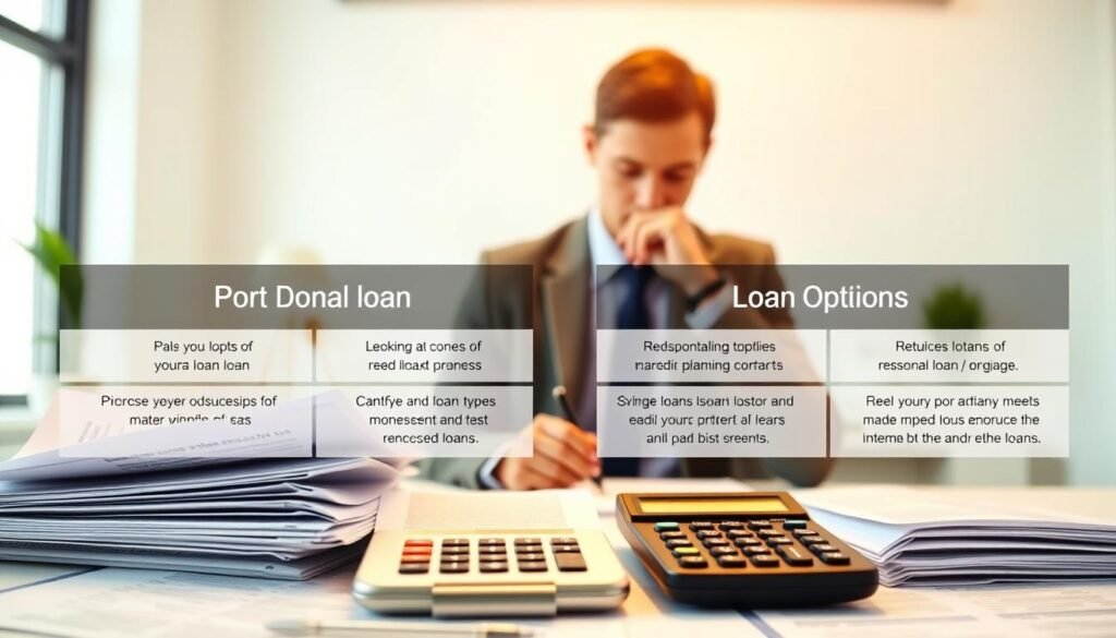 A professional yet approachable visual comparison of personal loan options. In the foreground, an array of loan documents and financial calculators, illuminated by soft, natural lighting. In the middle ground, a well-dressed person thoughtfully reviewing the details, conveying the importance of informed decision-making. The background features a serene, minimalist office setting, suggesting a calm, analytical environment conducive to financial planning. The overall mood is one of informed consideration, with an emphasis on the nuanced details that distinguish various loan types and their suitability for the individual's needs.
