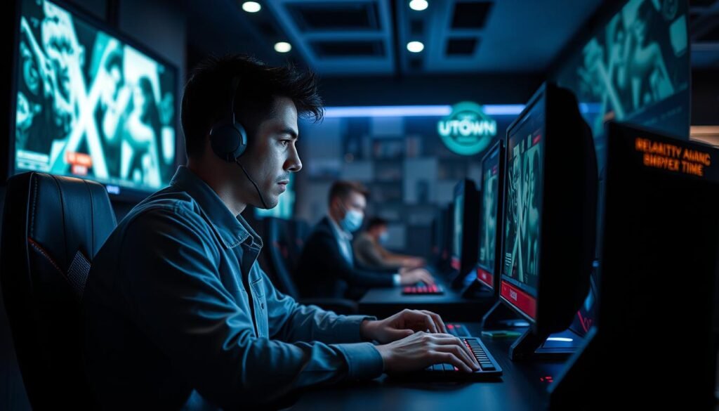 A skilled online card game player, deeply immersed in the UTown entertainment platform, sits at a sleek, high-tech gaming station. Surrounded by a dimly lit, minimalist interior, the player's face is illuminated by the glow of multiple screens, their eyes focused intently on the strategic moves unfolding before them. The environment exudes a sense of intensity, concentration, and the thrill of competitive gameplay, capturing the essence of the "Online Card Game Strategies" section of the article.