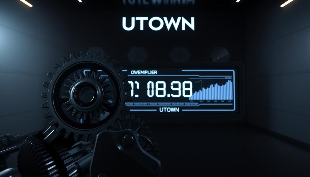 A sleek, modern interface depicting the "UTown" brand's "Multiplier Accumulation System". In the foreground, a series of interlocking gears and cogs, their teeth precisely meshed, rotate in a hypnotic pattern. The mid-ground showcases a digital display, its crisp numbers and graphs charting the gradual build-up of power. In the background, a minimalist grid of hexagonal panels creates a sense of depth and technological sophistication. Dramatic lighting casts deep shadows, emphasizing the system's complexity and efficiency. An atmosphere of precision, progress, and potential pervades the scene, inviting the viewer to understand the intricacies of this "Multiplier Accumulation System".