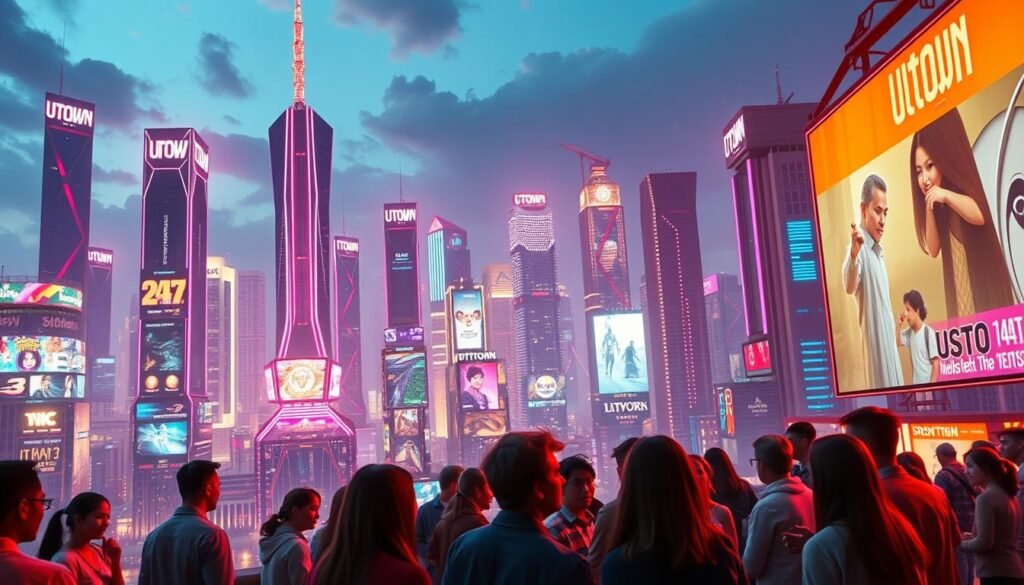 A sprawling, futuristic city skyline, bathed in the vibrant glow of neon lights and holographic displays. The UTown logo stands tall, its sleek design emblazoned on towering skyscrapers. In the foreground, a group of people engage in animated conversation, their faces illuminated by the warm, inviting atmosphere of the city. The scene exudes a sense of technological sophistication, where the concept of &quot;USDT娛樂城&quot; - free of financial restrictions - is brought to life through a seamless integration of digital and physical elements. The overall composition conveys a sense of progress, innovation, and a vision for a more accessible, user-friendly future in the world of online entertainment.