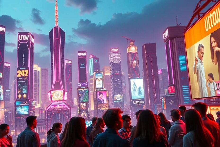 A sprawling, futuristic city skyline, bathed in the vibrant glow of neon lights and holographic displays. The UTown logo stands tall, its sleek design emblazoned on towering skyscrapers. In the foreground, a group of people engage in animated conversation, their faces illuminated by the warm, inviting atmosphere of the city. The scene exudes a sense of technological sophistication, where the concept of &quot;USDT娛樂城&quot; - free of financial restrictions - is brought to life through a seamless integration of digital and physical elements. The overall composition conveys a sense of progress, innovation, and a vision for a more accessible, user-friendly future in the world of online entertainment.