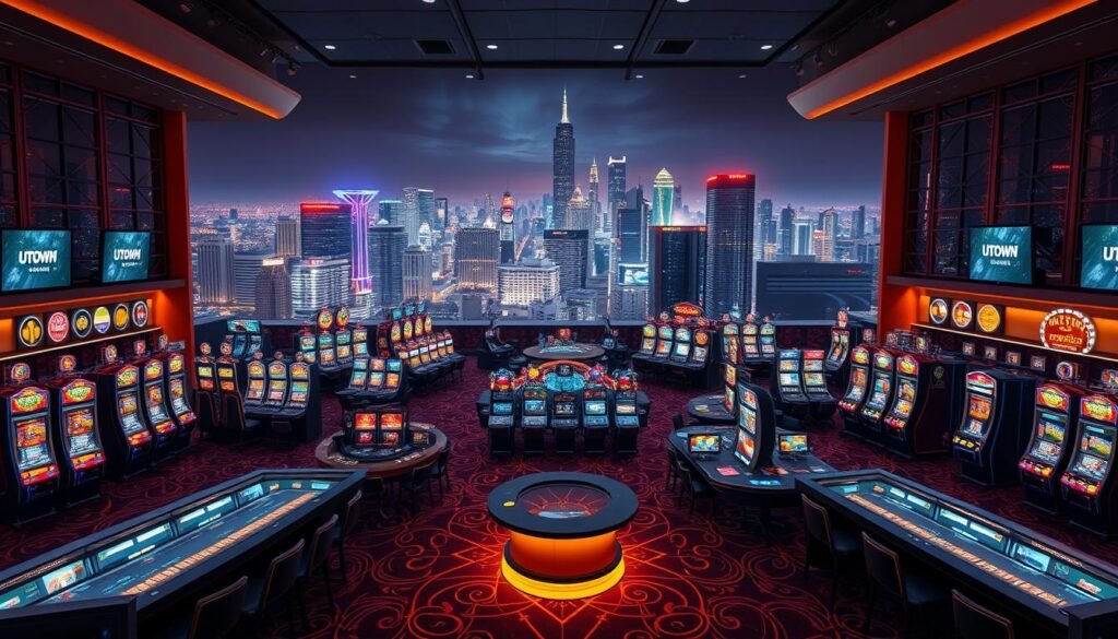 A vast array of captivating UTown gambling products and services, artfully arranged against a sophisticated backdrop. In the foreground, a dazzling display of sleek, modern casino tables and slot machines, bathed in a warm, inviting glow. The middle ground features a diverse selection of digital betting platforms, each designed with impeccable attention to detail. In the background, a dynamic cityscape emerges, its skyscrapers and neon lights creating an atmosphere of excitement and opportunity. The overall scene exudes a sense of luxury, innovation, and the promise of thrilling gaming experiences. A wide-angle lens captures the grandeur and scope of UTown's comprehensive gambling product line.
