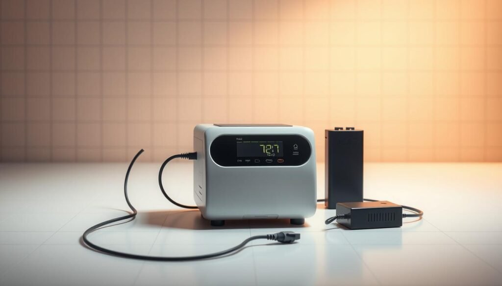 A well-lit, high-resolution image of a modern iCareCPAP sleep apnea machine and its power supply configuration. The machine is positioned prominently in the foreground, its sleek design and digital display clearly visible. The power cord and adapter are shown neatly routed, with a backup battery pack positioned nearby. The background features a minimal, clean workspace with subtle grid lines to suggest technical precision. Warm, diffused lighting casts soft shadows, creating depth and emphasizing the machine's engineering. The overall mood is one of functional elegance, inviting the viewer to appreciate the thoughtful design and safety considerations of the iCareCPAP system.