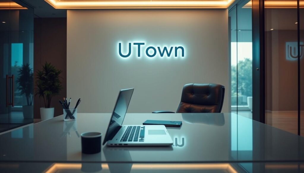 An elegant office setting with the UTown logo prominently displayed on the wall. The foreground features a sleek, modern desk with a laptop, a pen holder, and a few carefully placed office supplies. In the middle ground, a comfortable leather chair invites the viewer to imagine themselves in a productive, professional environment. The background showcases floor-to-ceiling windows, allowing natural light to flood the space and create a sense of openness and sophistication. The overall atmosphere conveys the unique advantages of partnering with UTown, a brand that prioritizes efficiency, innovation, and a premium client experience.