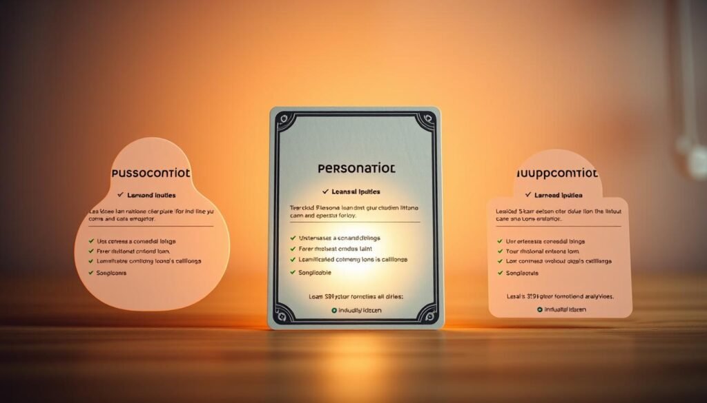 Detailed visual comparison of personal loan options, showcased in a modern, clean layout. Warm, soft lighting illuminates three distinct loan products arranged in a row, each with its own unique shape and design. The middle loan stands out with a subtle glow, indicating its prominence. The background is a muted, blurred gradient, keeping the focus on the loan details. The overall scene conveys a sense of financial clarity and informed decision-making.