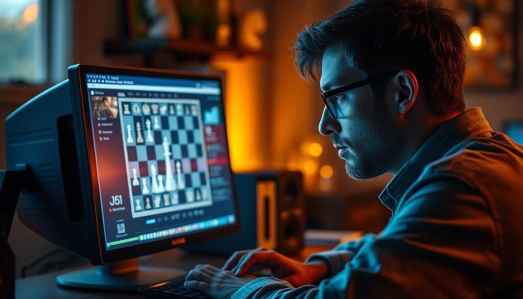 Generate an image of a person playing online chess on a computer.