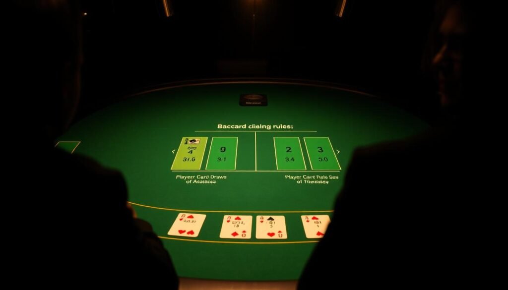 A dimly lit casino table, the green felt surface reflecting the warm glow of overhead lamps. Centered is a stylized diagram illustrating the baccarat card dealing rules, with clear visuals depicting the conditions for the banker and player draws. The diagram is rendered in a minimalist, elegant style, emphasizing the mathematical logic of the game. The table is framed by the shadows of attentive players, creating an atmosphere of anticipation and strategy. The overall scene conveys the essence of baccarat's supplementary card rules, a key tactical component within the classic casino game.