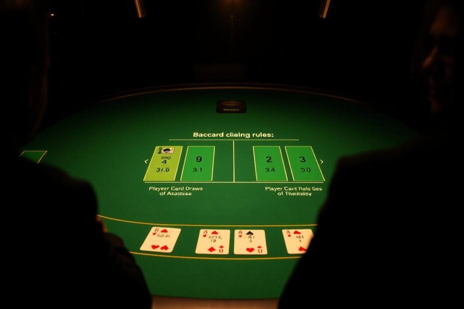 A dimly lit casino table, the green felt surface reflecting the warm glow of overhead lamps. Centered is a stylized diagram illustrating the baccarat card dealing rules, with clear visuals depicting the conditions for the banker and player draws. The diagram is rendered in a minimalist, elegant style, emphasizing the mathematical logic of the game. The table is framed by the shadows of attentive players, creating an atmosphere of anticipation and strategy. The overall scene conveys the essence of baccarat's supplementary card rules, a key tactical component within the classic casino game.